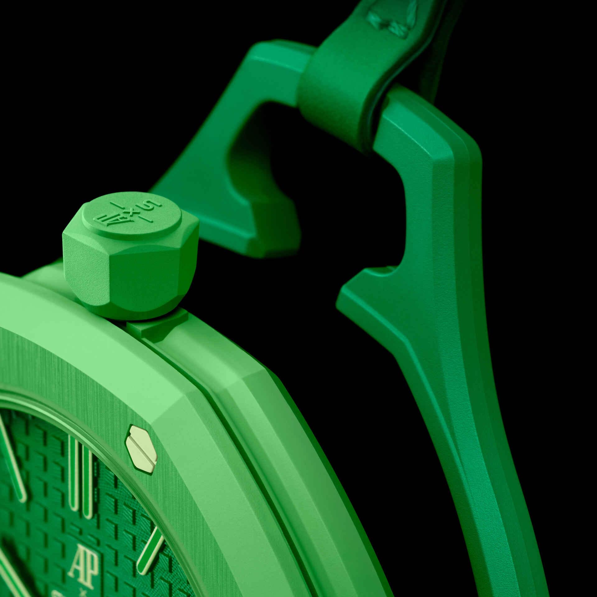 Swatch x Audemars Piguet Royal Pop Green Eight SSX03G100N bočný detail korpusu