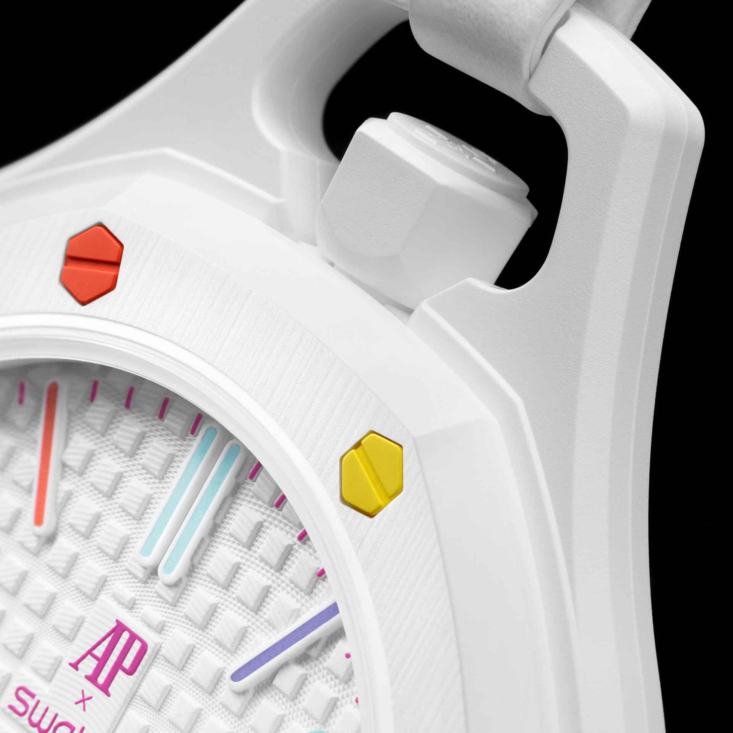 Swatch x Audemars Piguet Royal Pop Huit Blanc SSX03W100N bočný detail korpusu