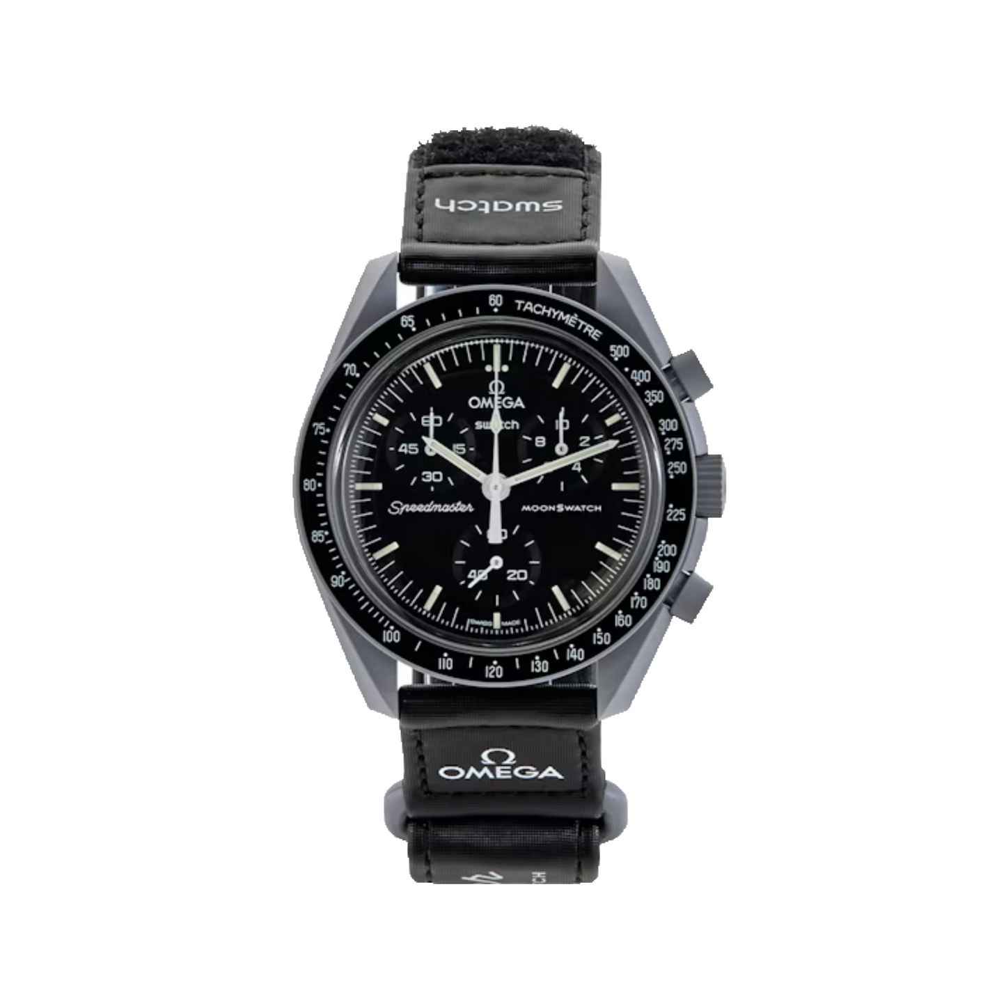 Swatch x Omega Bioceramic Moonswatch Mission to the Moon čierne hodinky, pohľad na ciferník