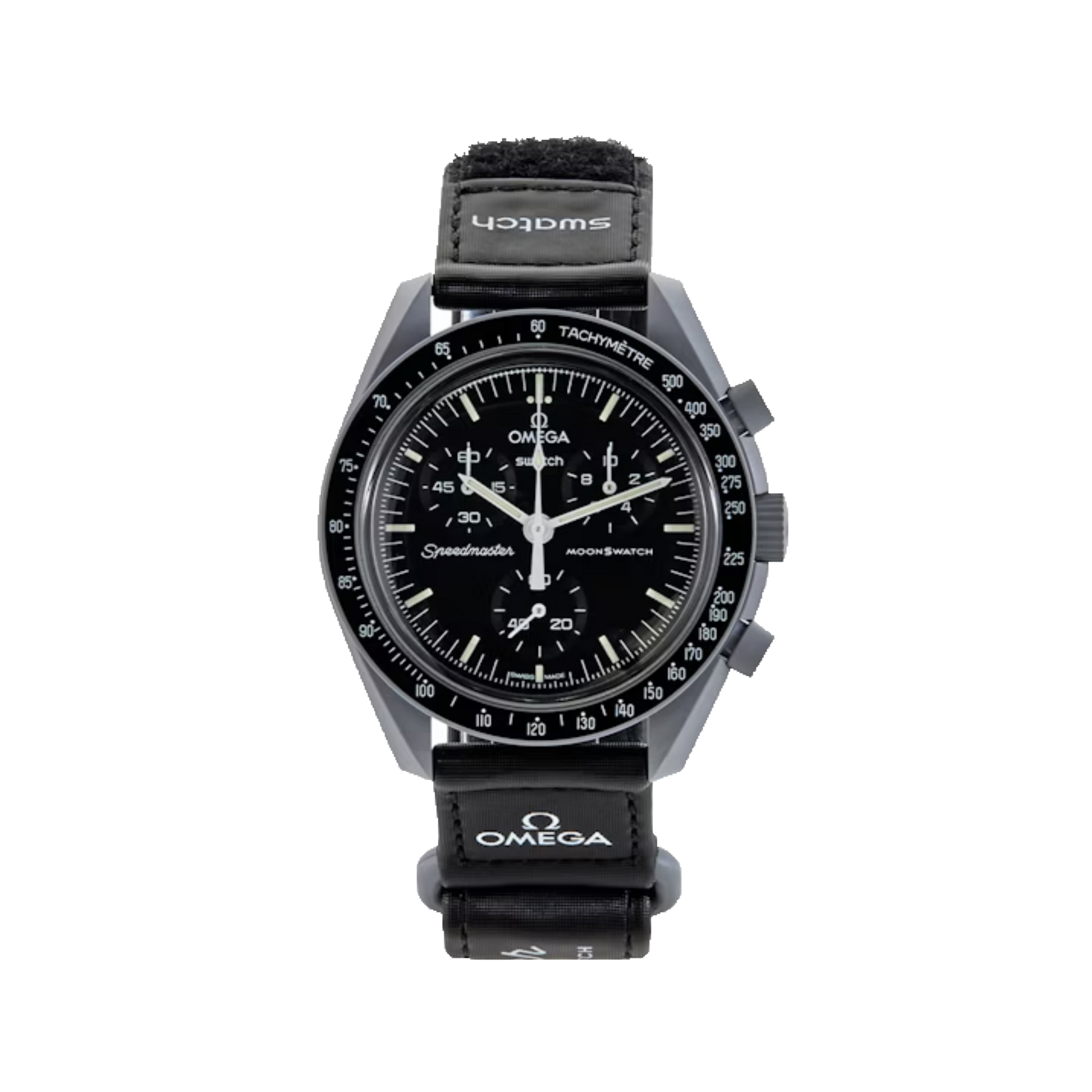 Swatch x Omega Bioceramic Moonswatch Mission to the Moon čierne hodinky, pohľad na ciferník