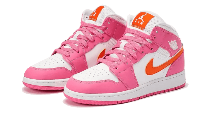 Tenisky Air Jordan 1 Mid ružovo-bielo-oranžové, pohľad z uhla