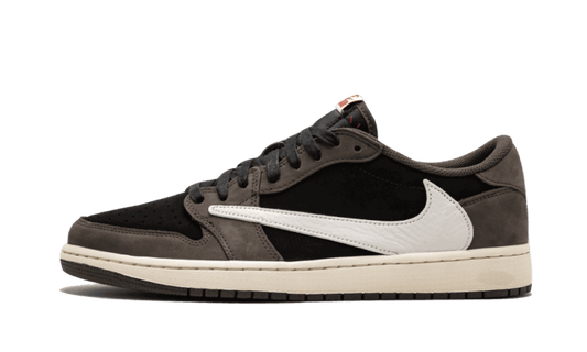 Air Jordan 1 Low Travis Scott čierno hnedé tenisky s obráteným Swooshom, pohľad z boku
