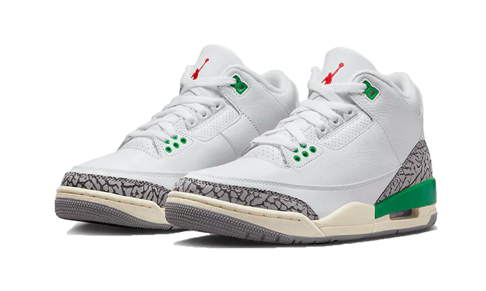 Tenisky Air Jordan 3 bielo-sivo-zelené, pohľad z uhla