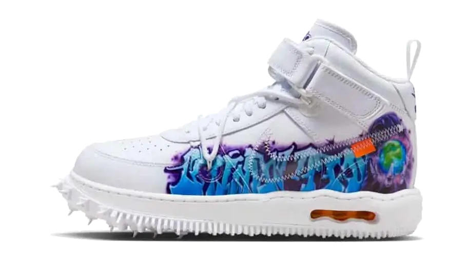 Nike Air Force 1 Mid SP Off-White Graffiti biele s modrým a červeným graffiti, pohľad z boku