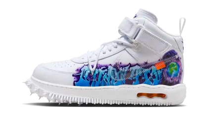 Nike Air Force 1 Mid SP Off-White Graffiti biele s modrým a červeným graffiti, pohľad z boku