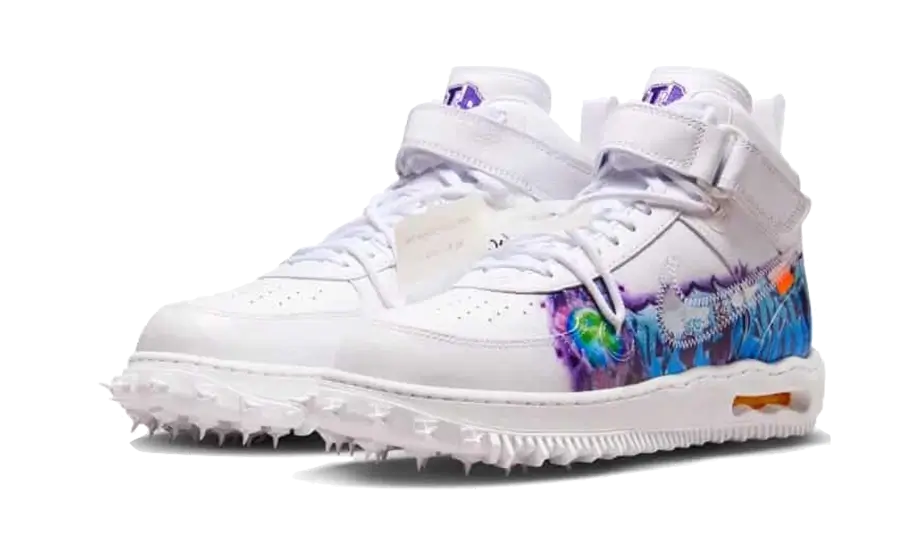 Nike Air Force 1 Mid SP Off-White Graffiti biele s modrým a červeným graffiti, pohľad z vrchu spredu