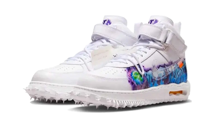 Nike Air Force 1 Mid SP Off-White Graffiti biele s modrým a červeným graffiti, pohľad z vrchu spredu