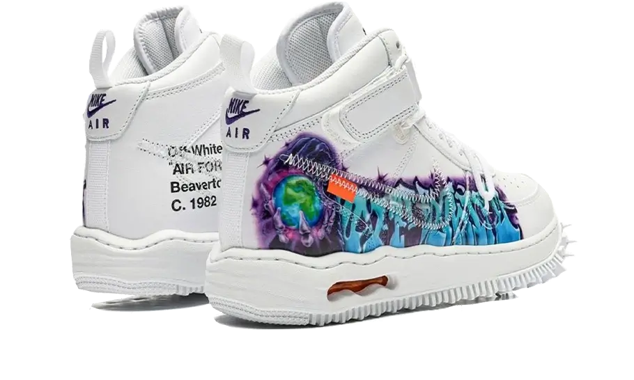 Nike Air Force 1 Mid SP Off-White Graffiti biele s modrým a červeným graffiti, pohľad z vrchu zozadu